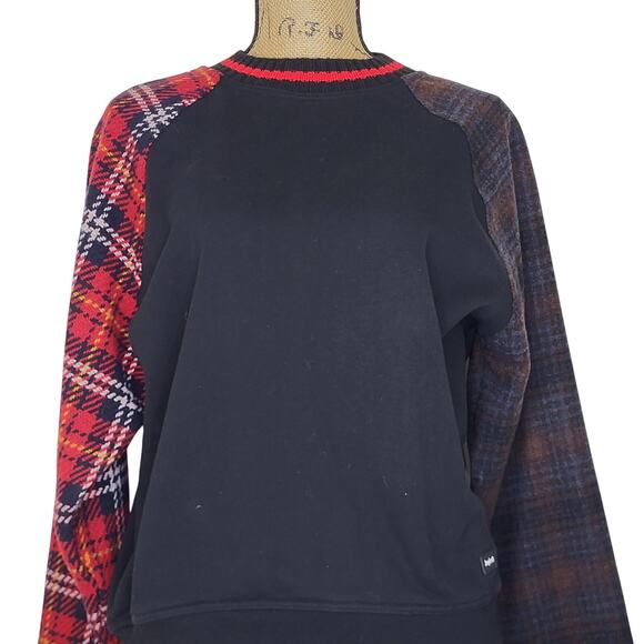 Desigual Raglan Plaid Sleeves Ribbed Knit Striped Collar Cuffs Sweatshirt Size M - Picture 3 of 9